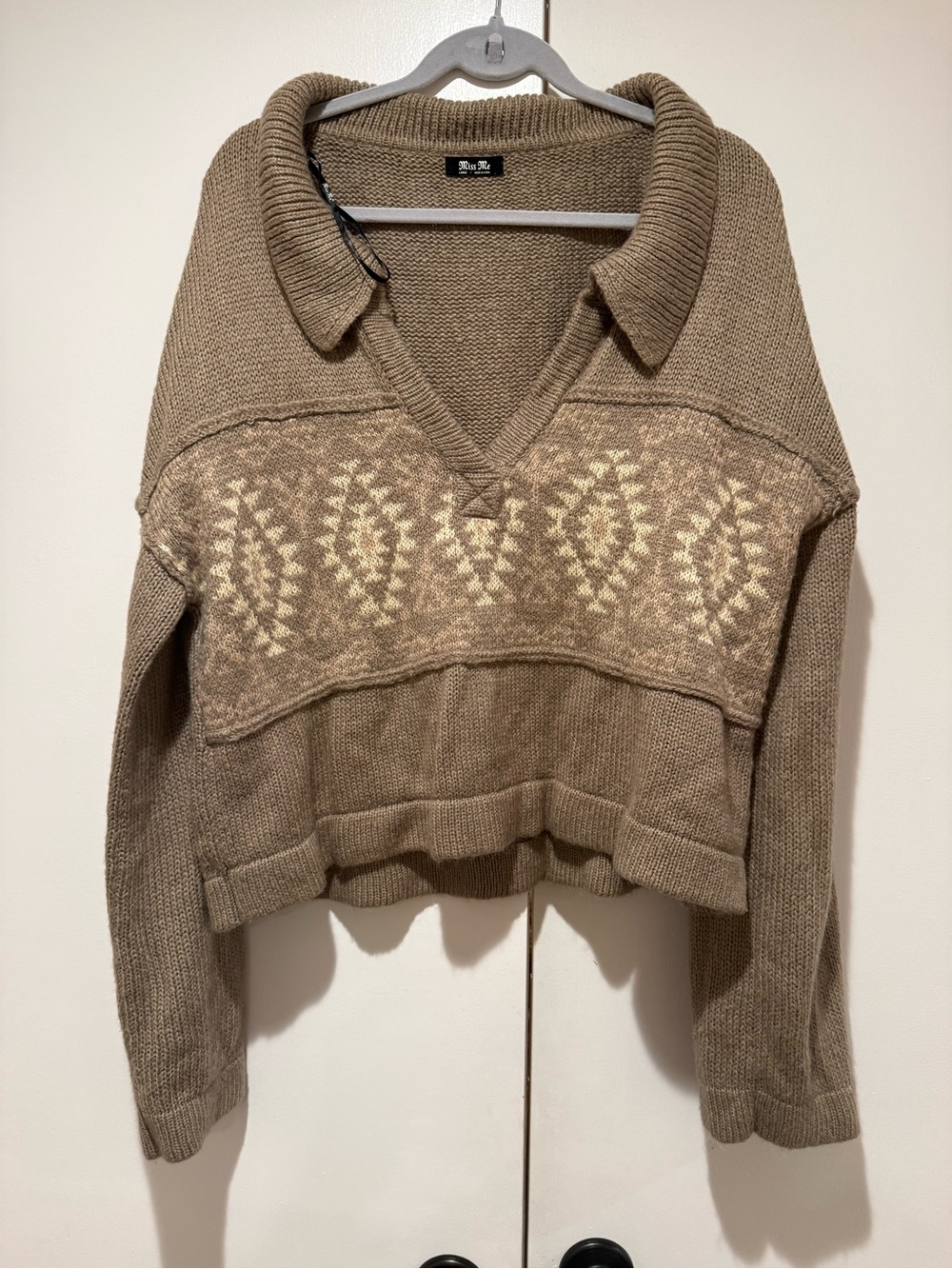 Miss Me Taupe V-Neck Collared Knit Sweater with Cream Pattern